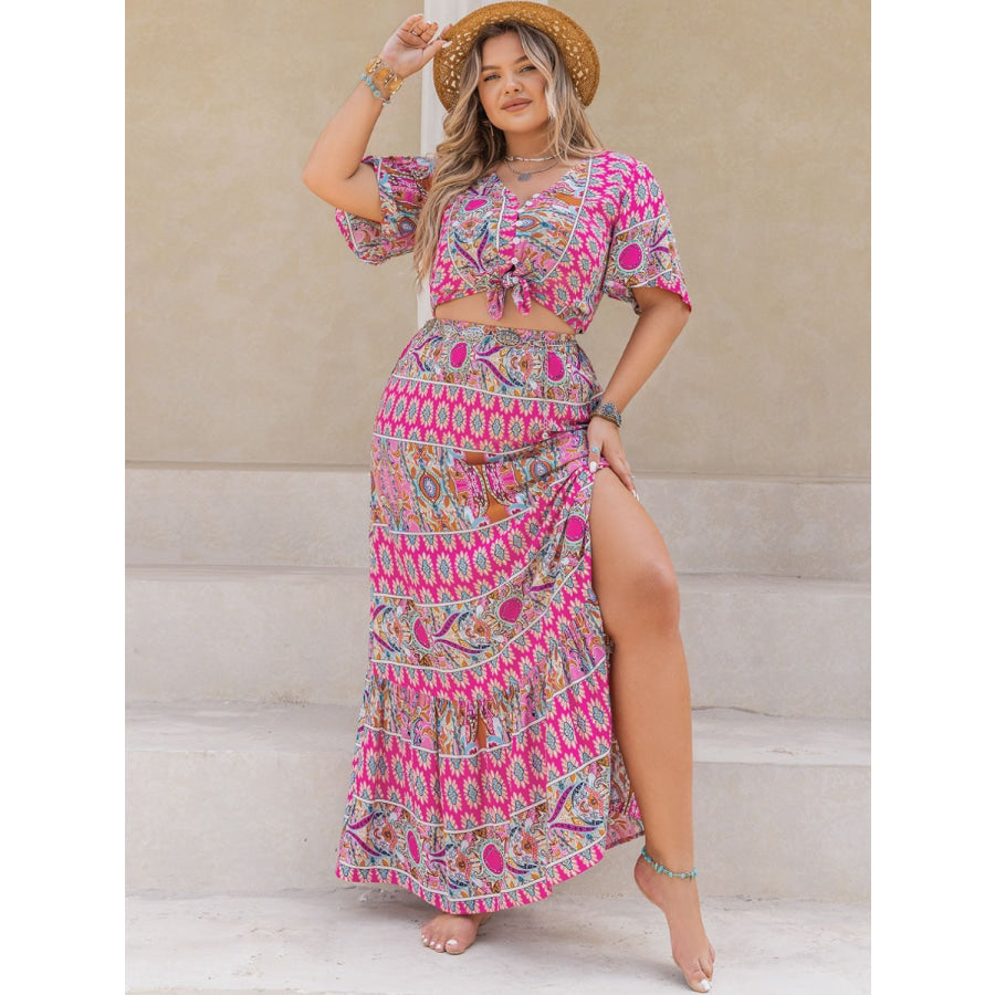 Plus Size Printed V-Neck Half Sleeve Top and Skirt Set Apparel and Accessories