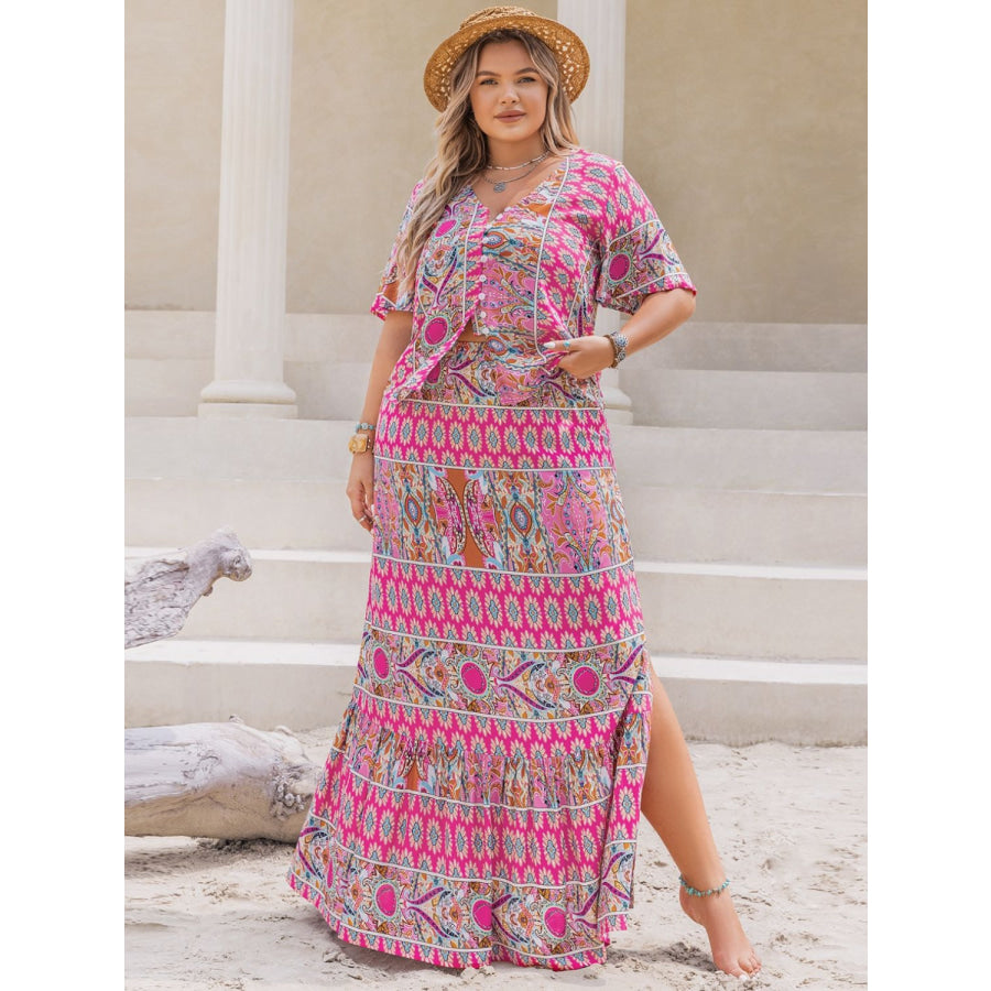 Plus Size Printed V-Neck Half Sleeve Top and Skirt Set Hot Pink / 0XL Apparel and Accessories