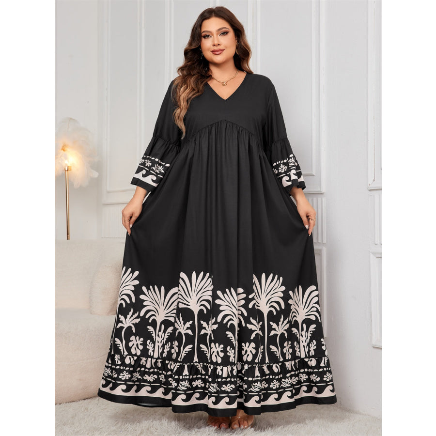 Plus Size Printed V-Neck Long Sleeve Maxi Dress Apparel and Accessories