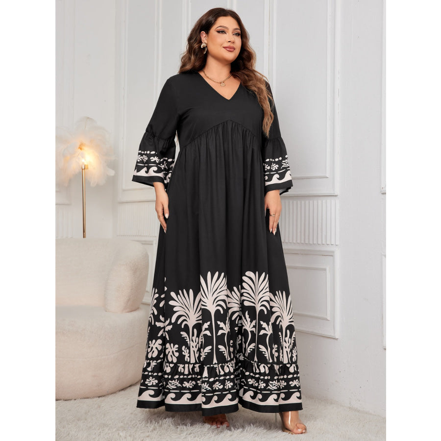 Plus Size Printed V-Neck Long Sleeve Maxi Dress Apparel and Accessories