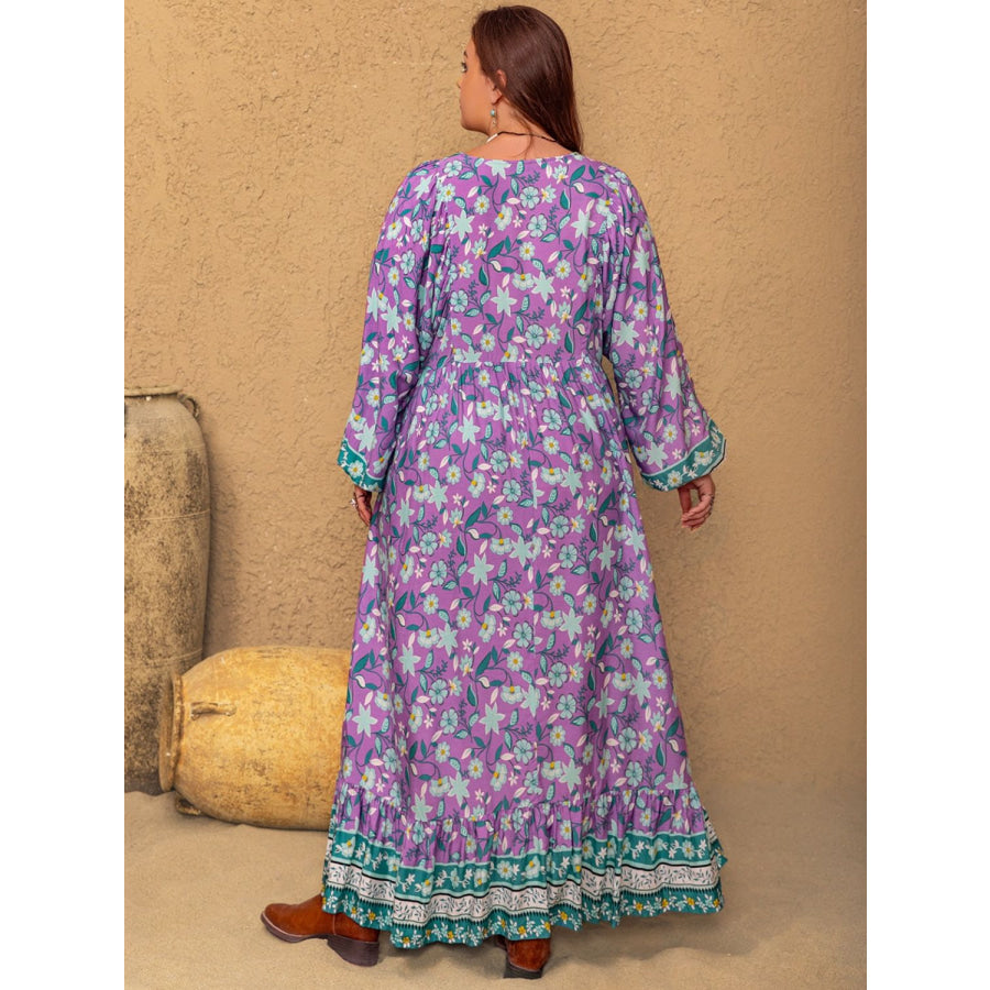 Plus Size Printed V-Neck Long Sleeve Maxi Dress Apparel and Accessories