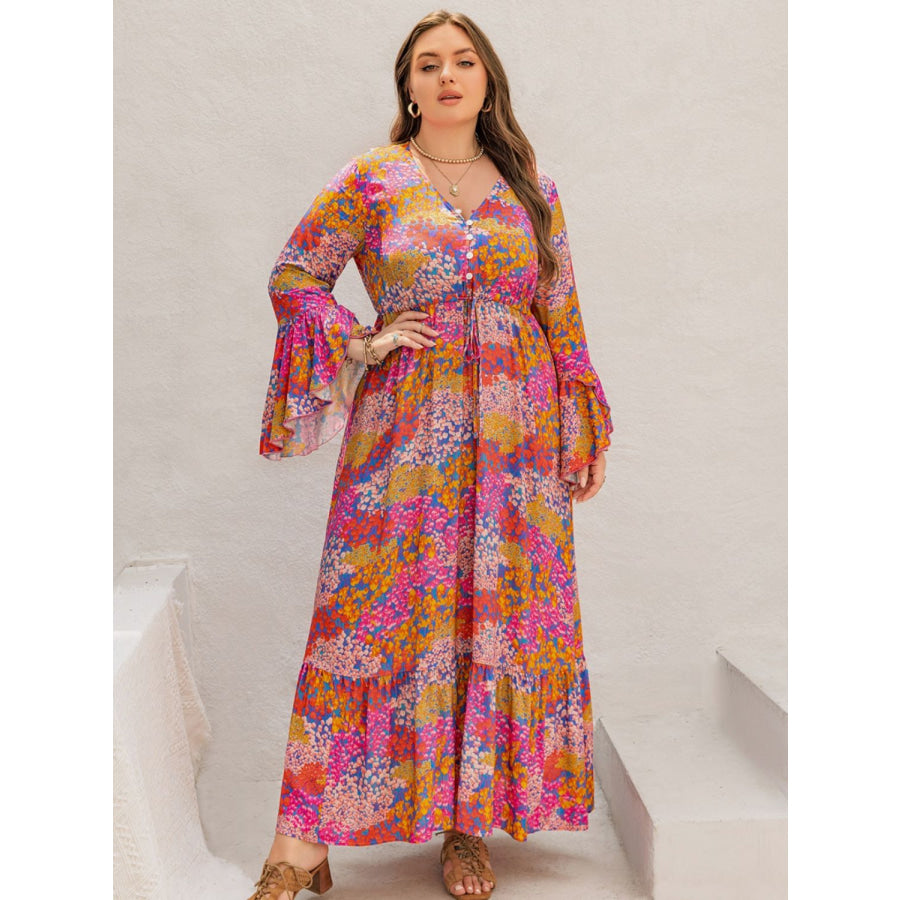 Plus Size Printed V-Neck Long Sleeve Maxi Dress Apparel and Accessories