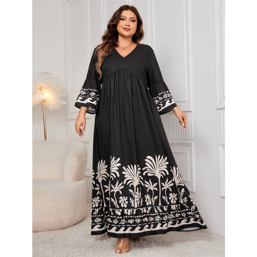 Plus Size Printed V-Neck Long Sleeve Maxi Dress Apparel and Accessories