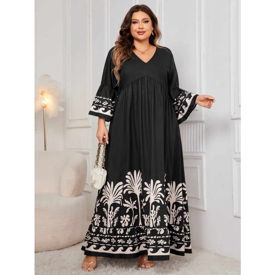 Plus Size Printed V-Neck Long Sleeve Maxi Dress Apparel and Accessories