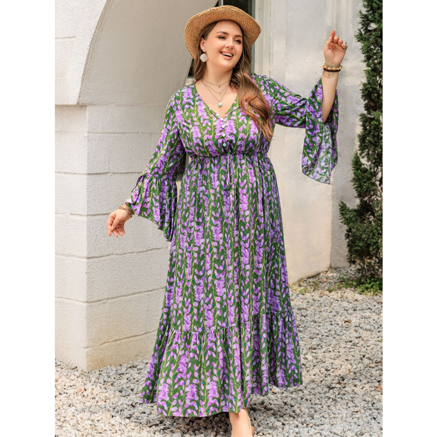 Plus Size Printed V-Neck Long Sleeve Maxi Dress Apparel and Accessories