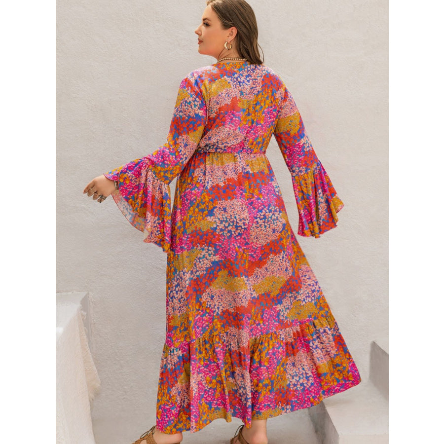 Plus Size Printed V-Neck Long Sleeve Maxi Dress Apparel and Accessories