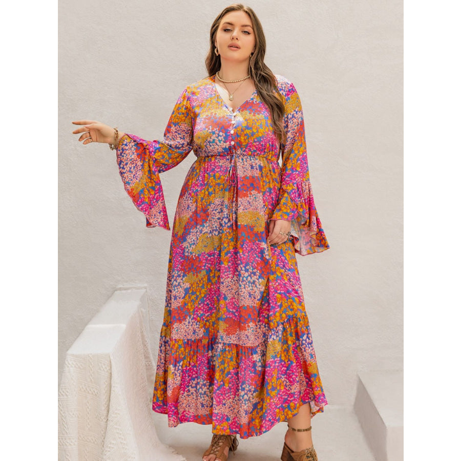 Plus Size Printed V-Neck Long Sleeve Maxi Dress Apparel and Accessories