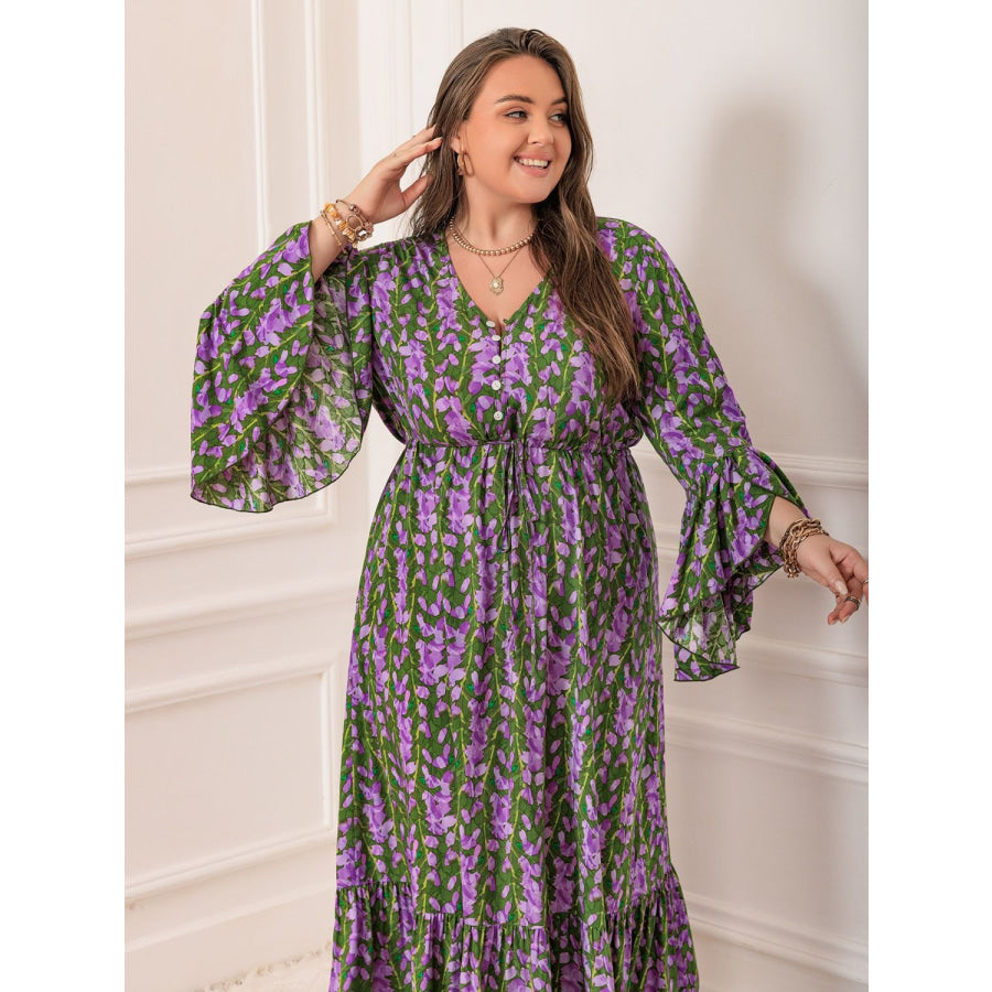 Plus Size Printed V-Neck Long Sleeve Maxi Dress Apparel and Accessories