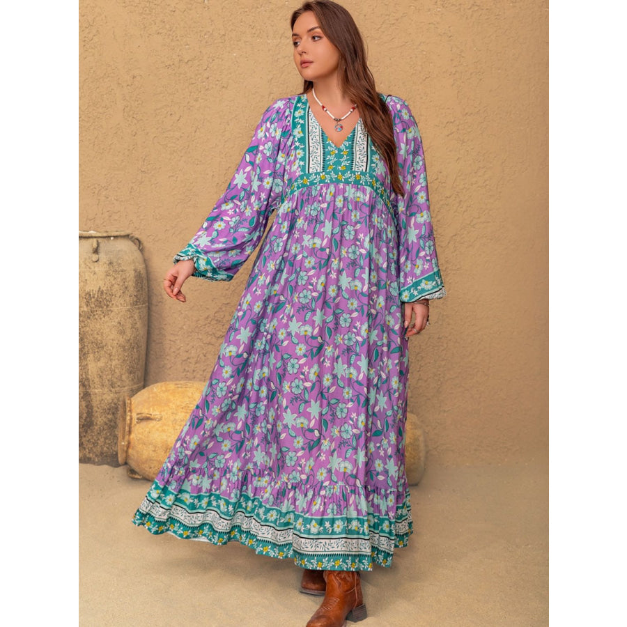 Plus Size Printed V-Neck Long Sleeve Maxi Dress Apparel and Accessories