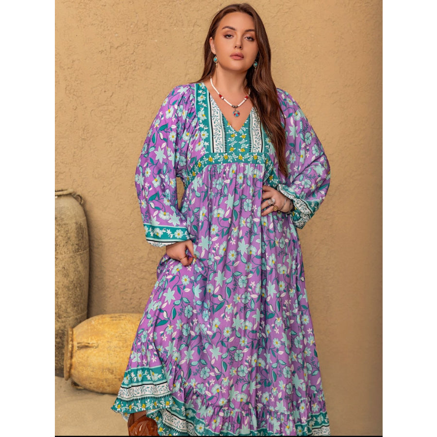 Plus Size Printed V-Neck Long Sleeve Maxi Dress Apparel and Accessories