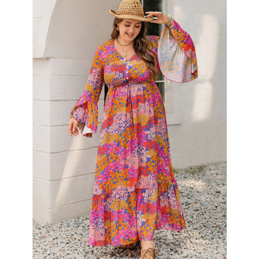 Plus Size Printed V-Neck Long Sleeve Maxi Dress Apparel and Accessories