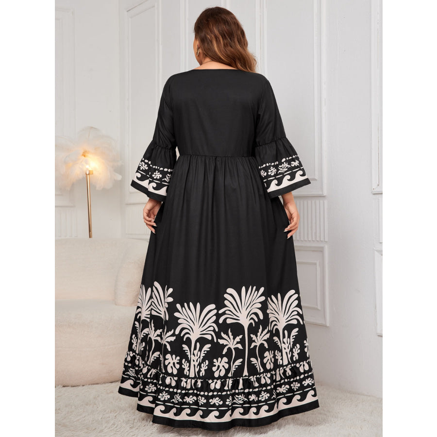 Plus Size Printed V-Neck Long Sleeve Maxi Dress Apparel and Accessories