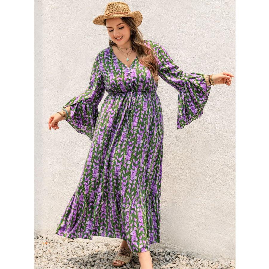 Plus Size Printed V-Neck Long Sleeve Maxi Dress Apparel and Accessories