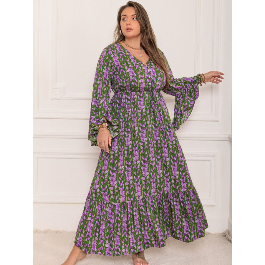 Plus Size Printed V-Neck Long Sleeve Maxi Dress Apparel and Accessories