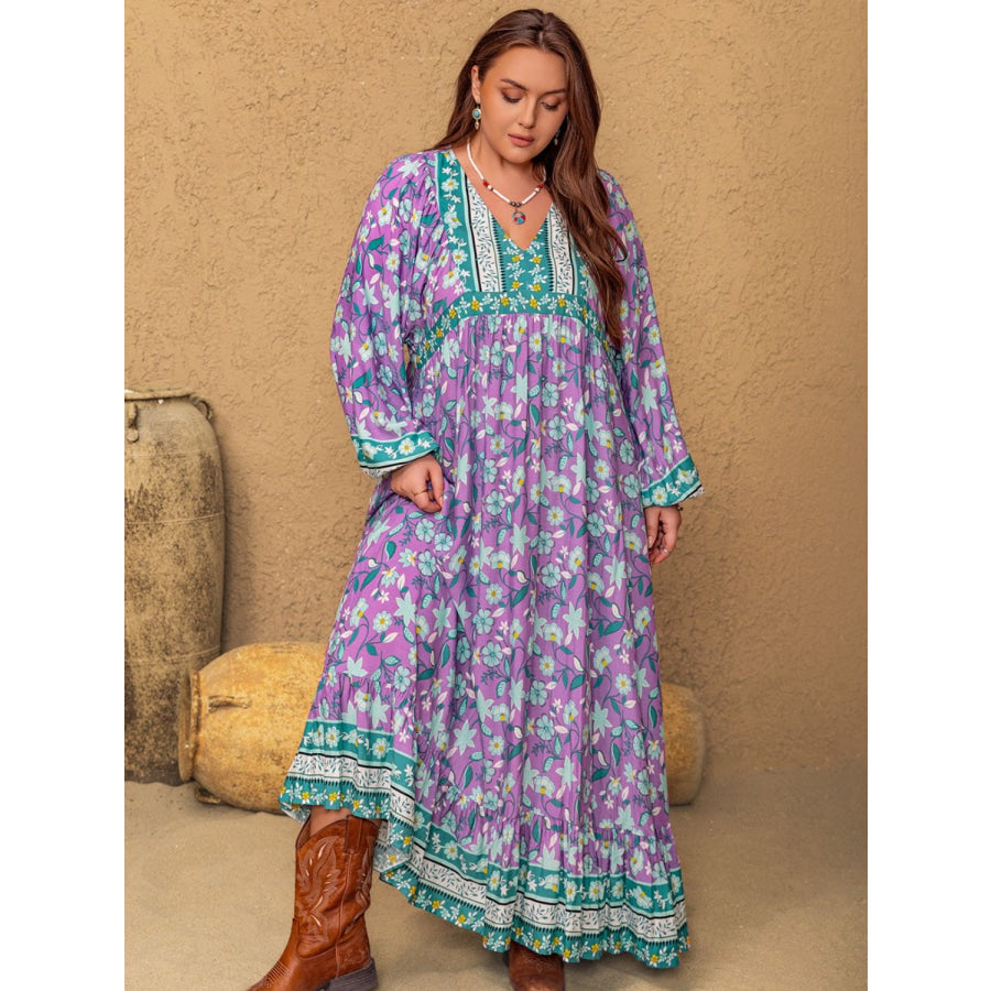 Plus Size Printed V-Neck Long Sleeve Maxi Dress Apparel and Accessories