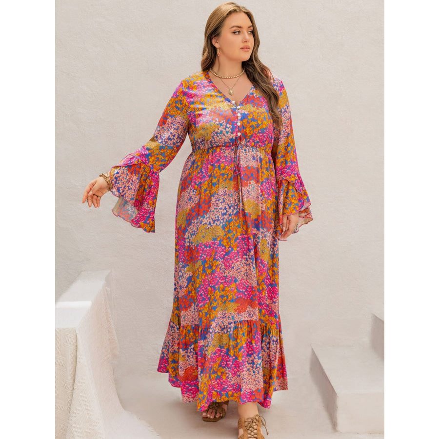 Plus Size Printed V-Neck Long Sleeve Maxi Dress Apparel and Accessories