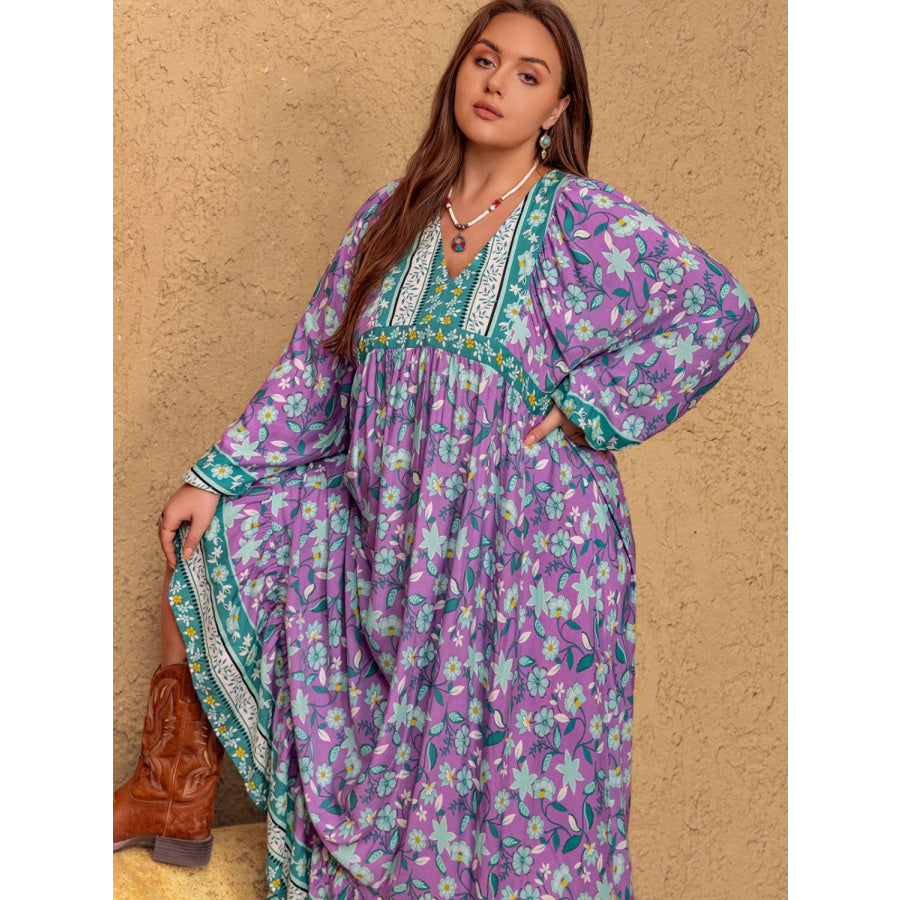 Plus Size Printed V-Neck Long Sleeve Maxi Dress Apparel and Accessories