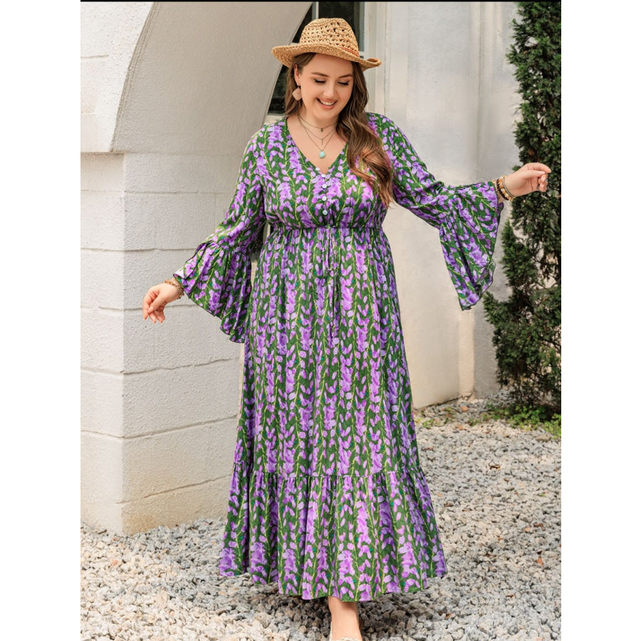 Plus Size Printed V-Neck Long Sleeve Maxi Dress Apparel and Accessories