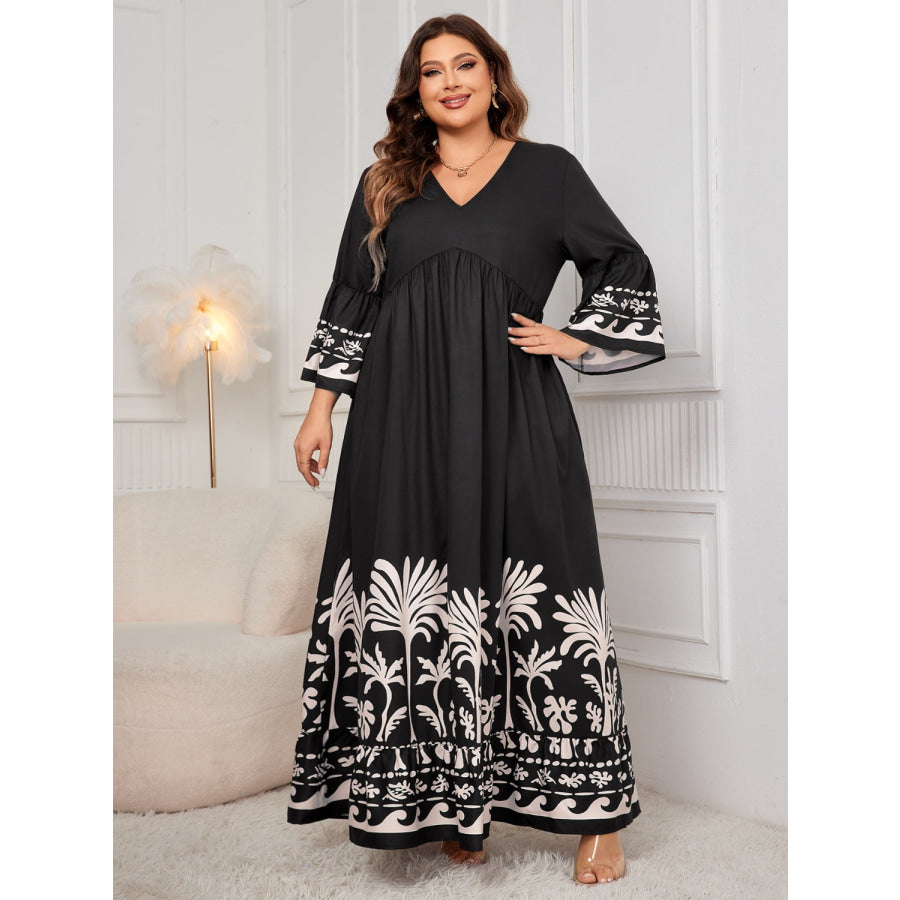 Plus Size Printed V-Neck Long Sleeve Maxi Dress Black / 1XL Apparel and Accessories