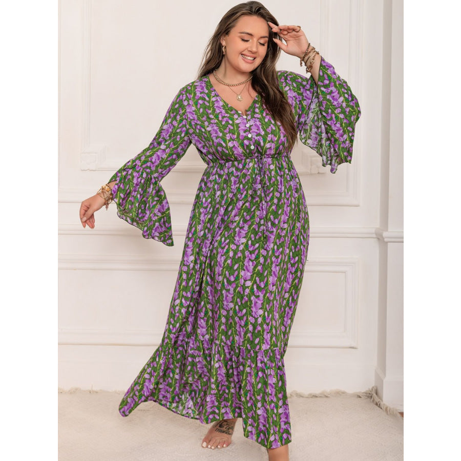 Plus Size Printed V-Neck Long Sleeve Maxi Dress Mauve / 0XL Apparel and Accessories