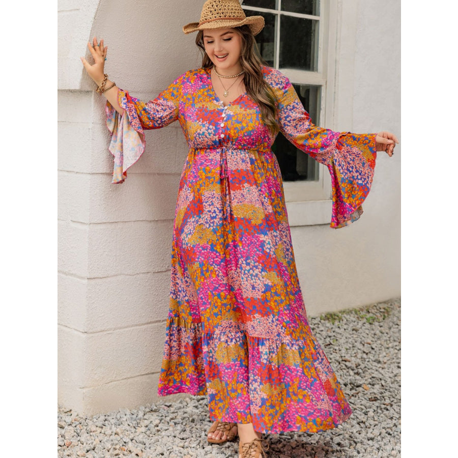 Plus Size Printed V-Neck Long Sleeve Maxi Dress Orange-Red / 0XL Apparel and Accessories