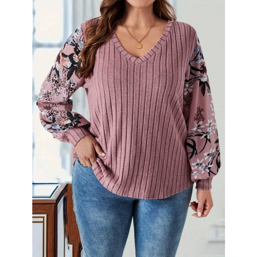 Plus Size Printed V-Neck Long Sleeve T-Shirt Apparel and Accessories