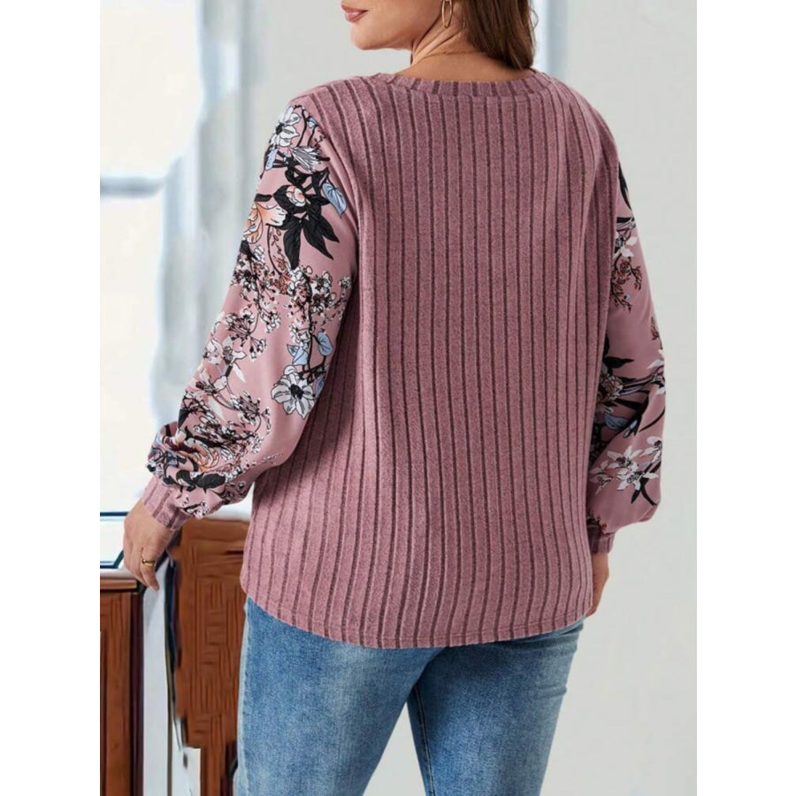 Plus Size Printed V-Neck Long Sleeve T-Shirt Dusty Pink / XL Apparel and Accessories