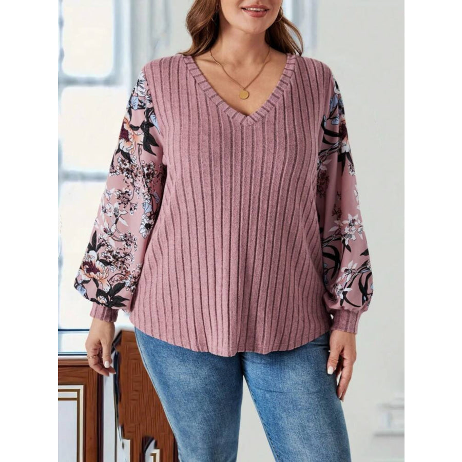 Plus Size Printed V-Neck Long Sleeve T-Shirt Dusty Pink / XL Apparel and Accessories