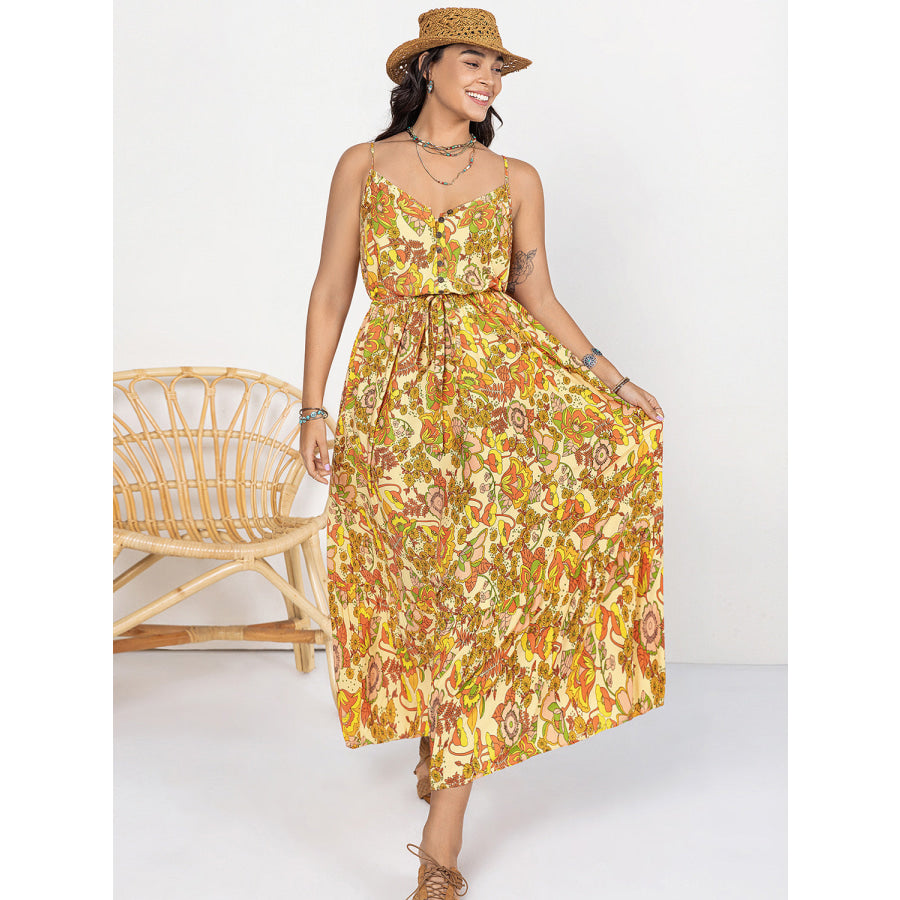 Plus Size Printed V-Neck Maxi Cami Dress Apparel and Accessories