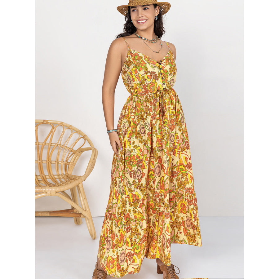 Plus Size Printed V-Neck Maxi Cami Dress Apparel and Accessories