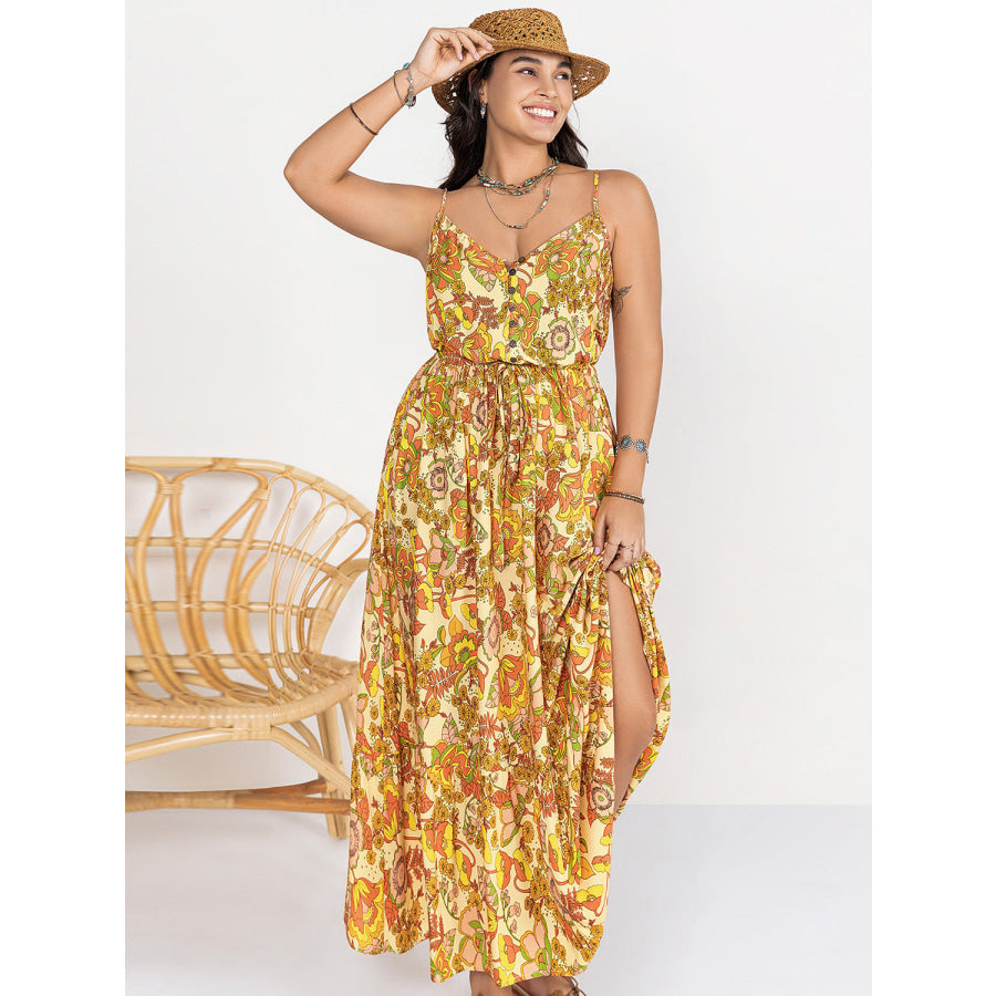 Plus Size Printed V-Neck Maxi Cami Dress Gold / 0XL Apparel and Accessories