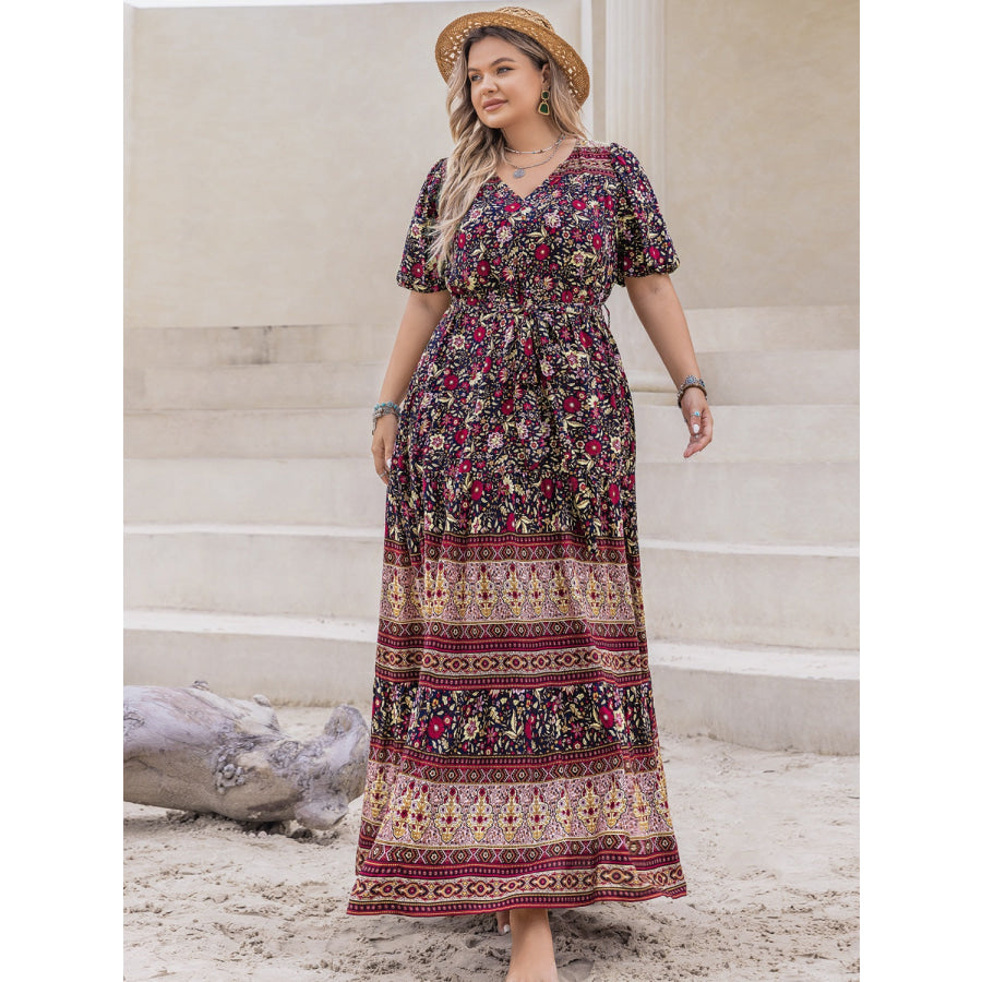 Plus Size Printed V-Neck Short Sleeve Maxi Dress Apparel and Accessories