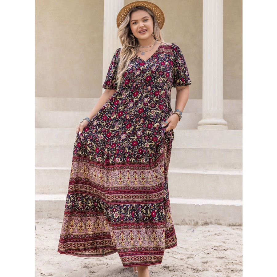 Plus Size Printed V-Neck Short Sleeve Maxi Dress Apparel and Accessories