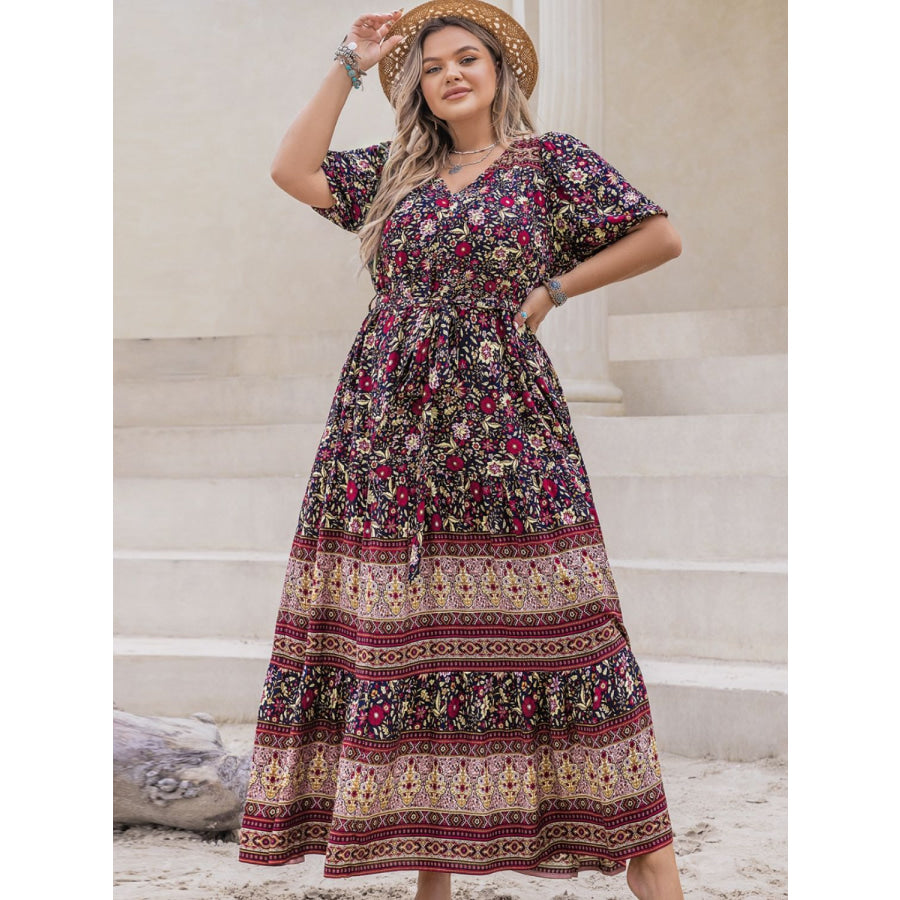 Plus Size Printed V-Neck Short Sleeve Maxi Dress Apparel and Accessories