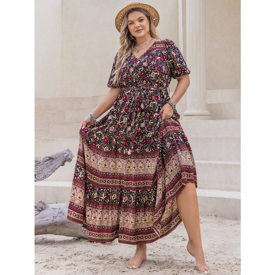 Plus Size Printed V-Neck Short Sleeve Maxi Dress Burgundy / 0XL Apparel and Accessories