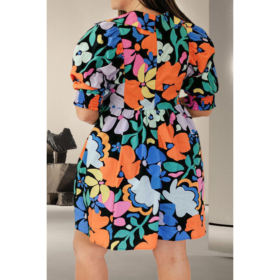 Plus Size Printed V - Neck Short Sleeve Mini Dress Apparel and Accessories