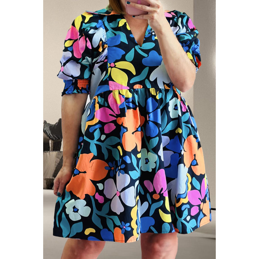 Plus Size Printed V - Neck Short Sleeve Mini Dress Floral / 1XL Apparel and Accessories