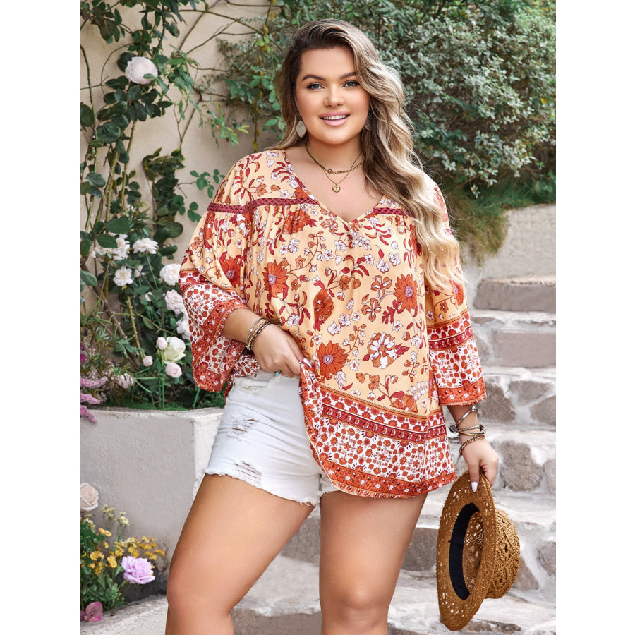 Plus Size Printed V-Neck Three-Quarter Sleeve Blouse Apparel and Accessories