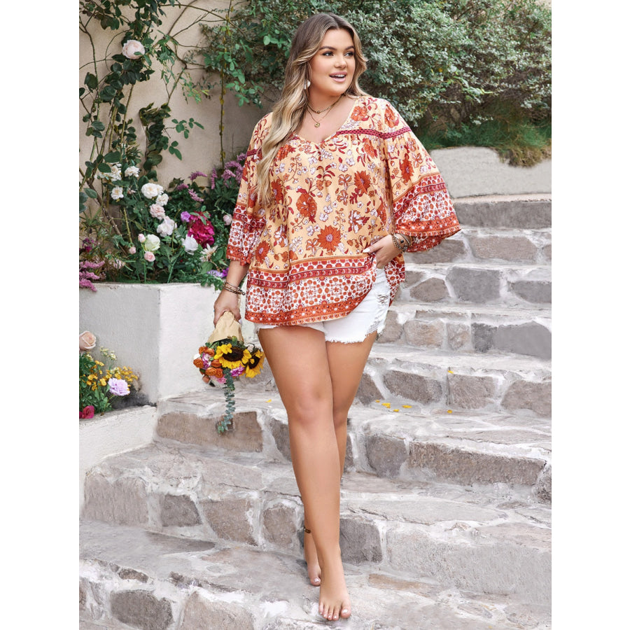 Plus Size Printed V-Neck Three-Quarter Sleeve Blouse Apparel and Accessories