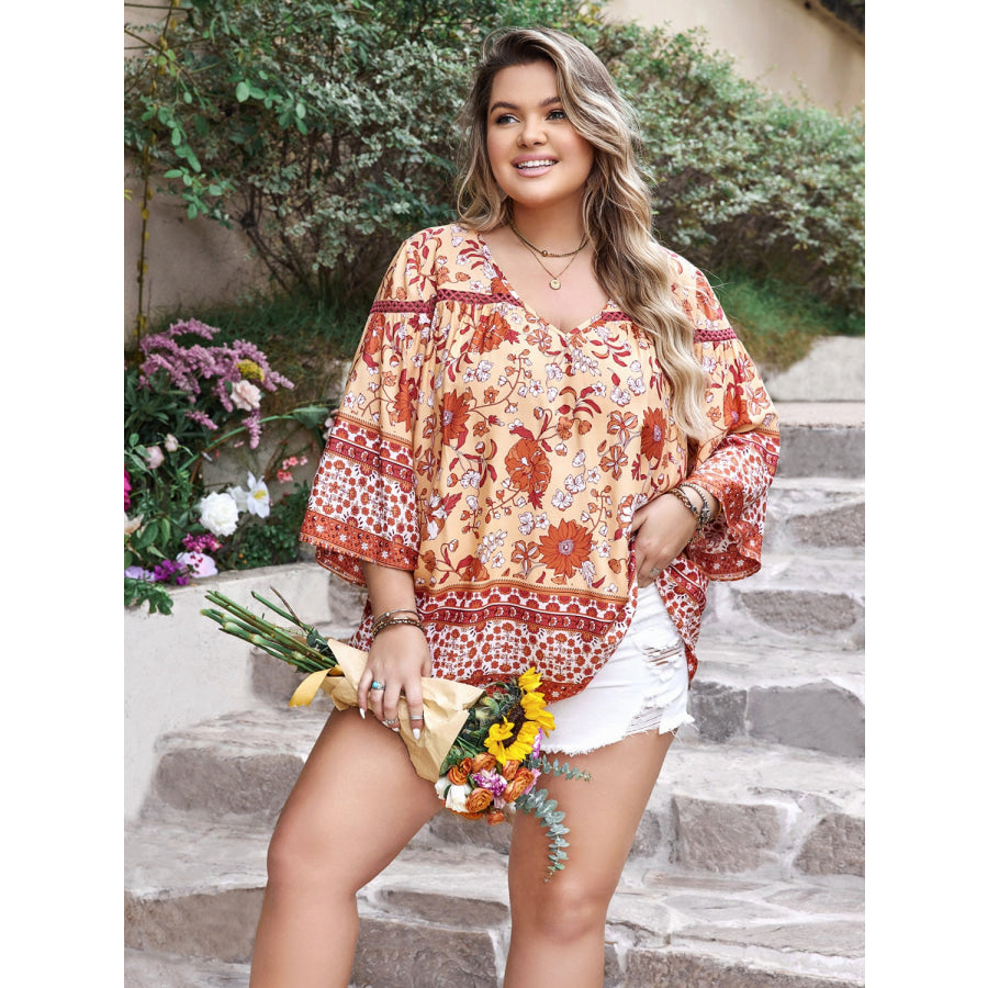 Plus Size Printed V-Neck Three-Quarter Sleeve Blouse Apparel and Accessories