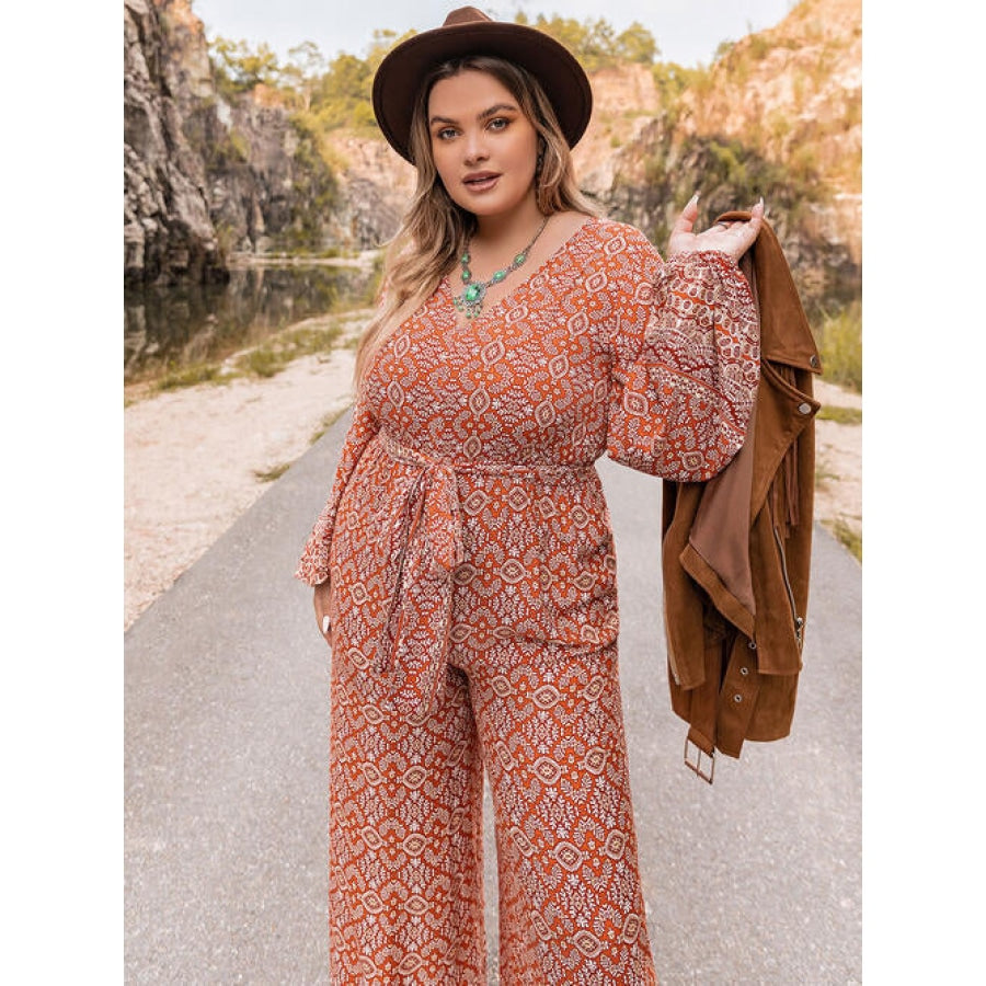 Plus Size Printed V-Neck Tie Front Balloon Sleeve Jumpsuit Clothing