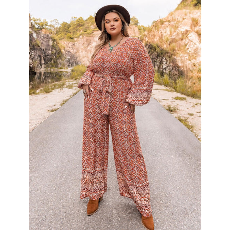 Plus Size Printed V-Neck Tie Front Balloon Sleeve Jumpsuit Floral / 0XL Clothing