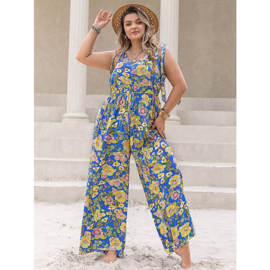 Plus Size Printed V-Neck Wide Leg Jumpsuit Blue / 0XL Apparel and Accessories