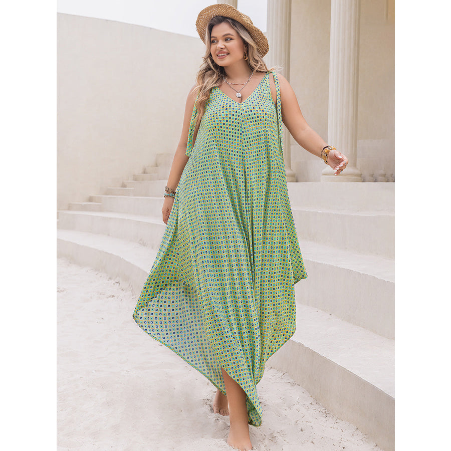 Plus Size Printed V-Neck Wide Leg Jumpsuit Gum Leaf / 0XL Apparel and Accessories