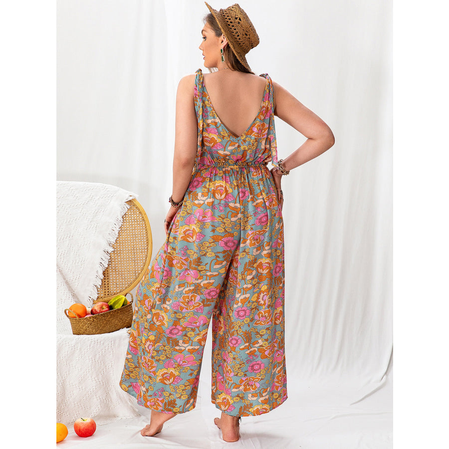 Plus Size Printed Wide Leg Sleeveless Jumpsuit Multicolor / 0XL Apparel and Accessories