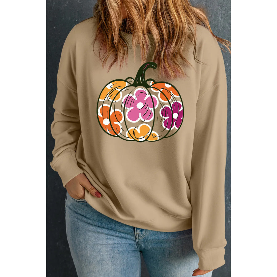 Plus Size Pumpkin Graphic Dropped Shoulder Sweatshirt Khaki / 1XL Apparel and Accessories