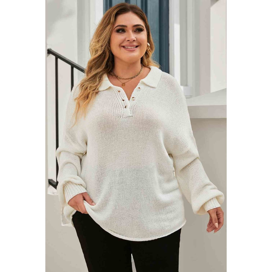 Plus Size Quarter-Button Collared Sweater Ivory / 1XL