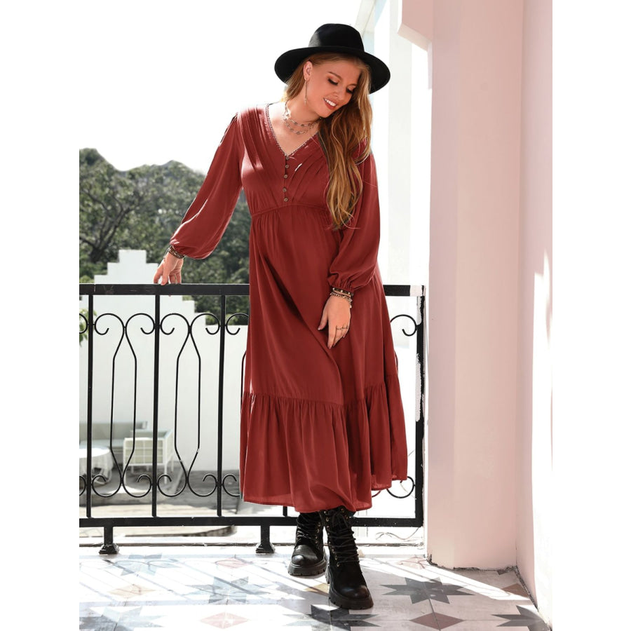 Plus Size Quarter Button V-Neck Long Sleeve Dress Apparel and Accessories