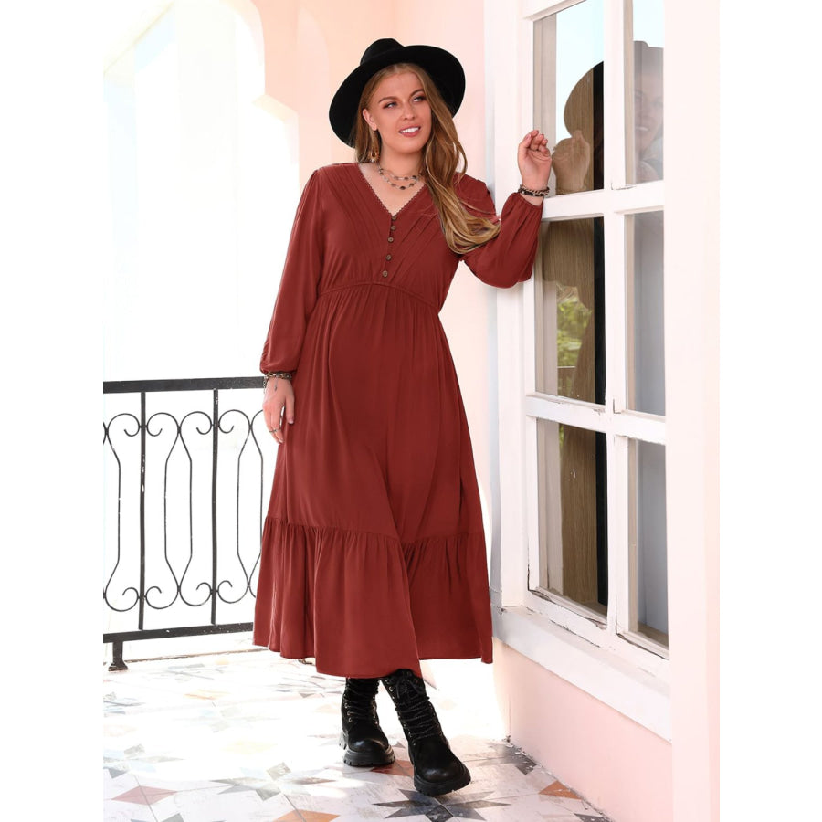 Plus Size Quarter Button V-Neck Long Sleeve Dress Apparel and Accessories