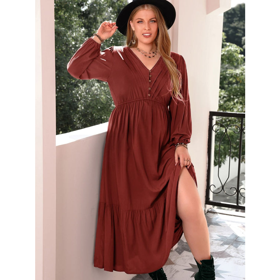 Plus Size Quarter Button V-Neck Long Sleeve Dress Apparel and Accessories